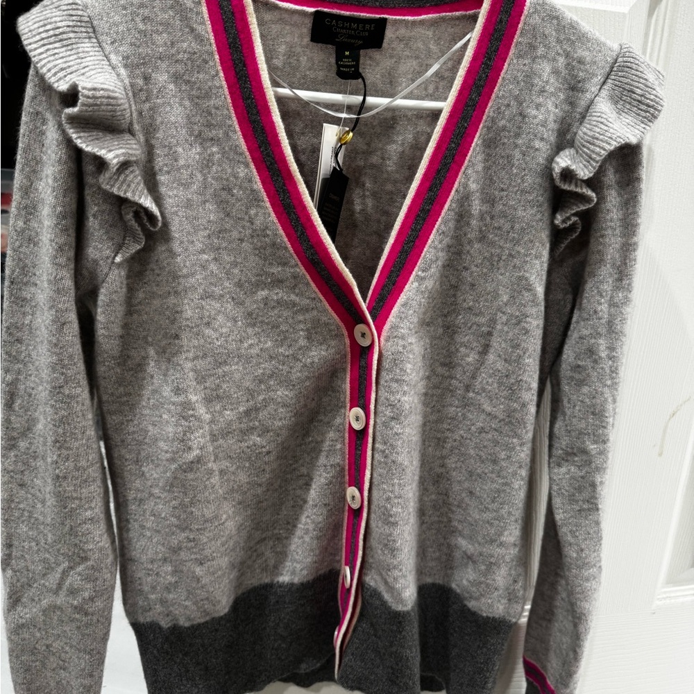 Gray and Pink Ruffle Cashmere Cardigan